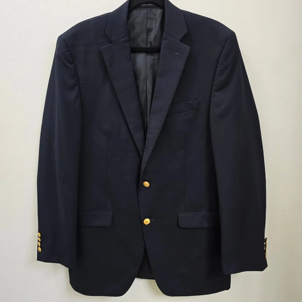 Lauren Ralph Lauren Mens 40L Navy Blue Wool Blend 2-Button Blazer Gold Buttons